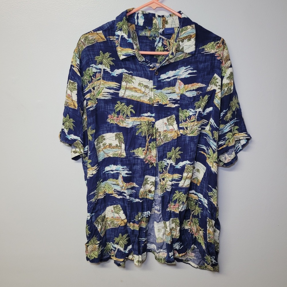Campia Mens XL Hawaiian Shirt Blue Rayon Tropical Beach Lighthouse Short Sleeve